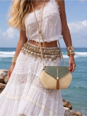 Green and Tan Rattan Bag